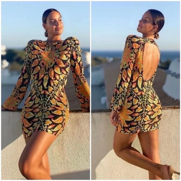 NWT Zara multicolor open back bell sleeve mini dress - Picture 1 of 10